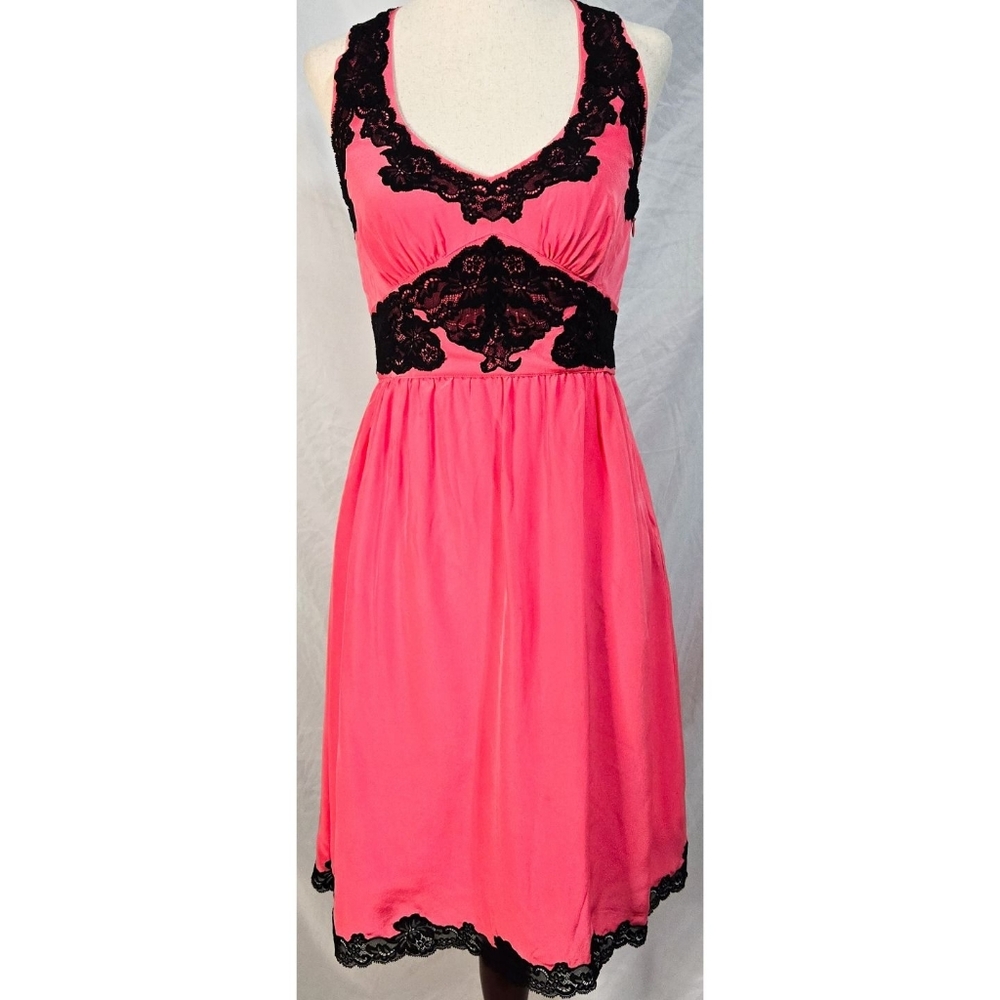 Betsey Johnson Silk Dress Coral Pink Black Lace Y2K Halter A Line Vintage